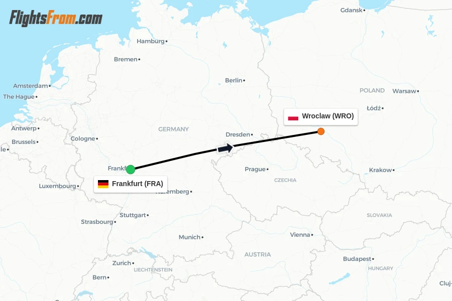 Flights from Frankfurt to Wroclaw route map