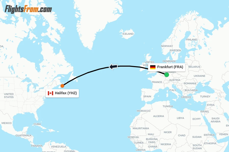 Flights from Frankfurt to Halifax route map