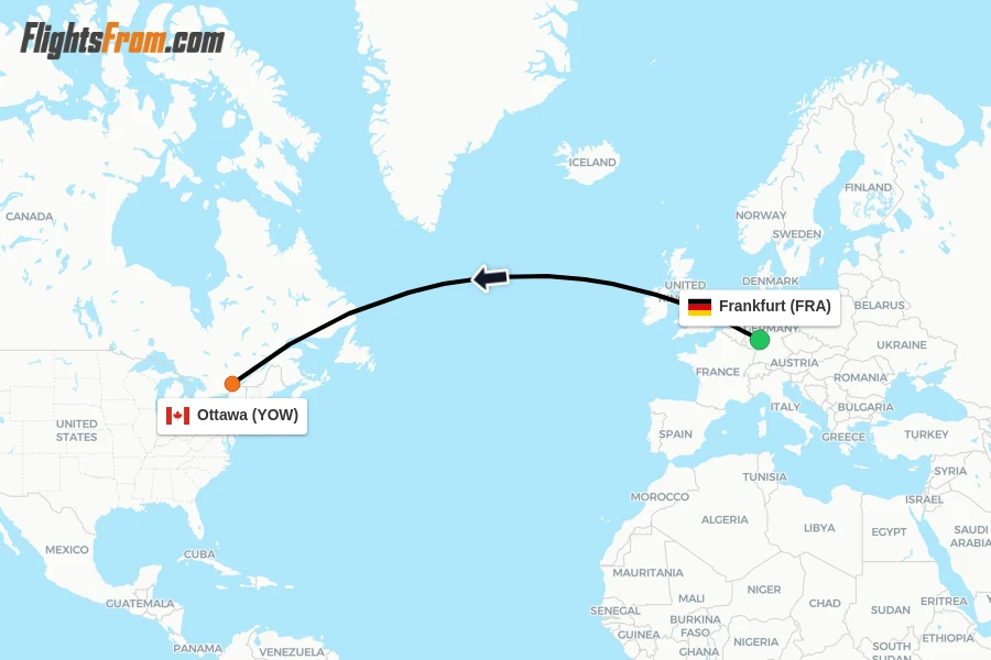 Flights from Frankfurt to Ottawa route map
