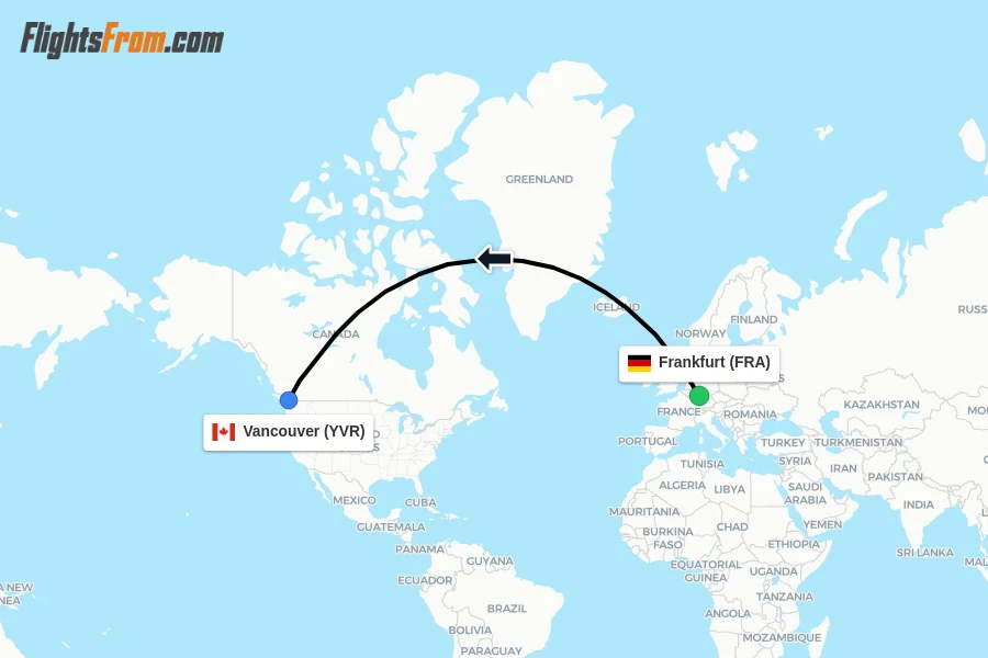 Flights from Frankfurt to Vancouver route map