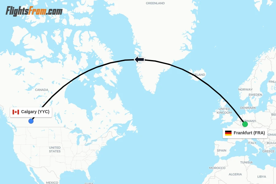 Flights from Frankfurt to Calgary route map
