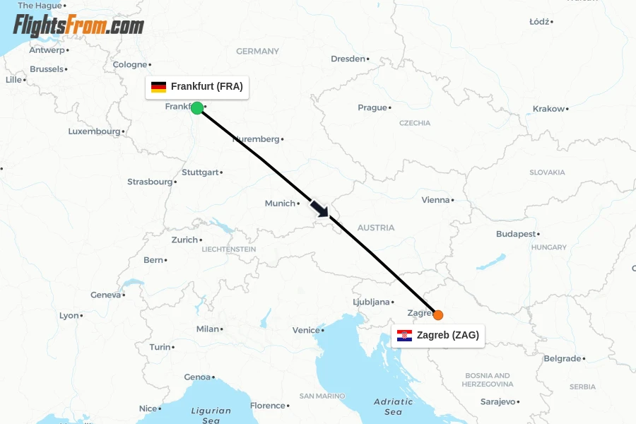 Flights from Frankfurt to Zagreb route map
