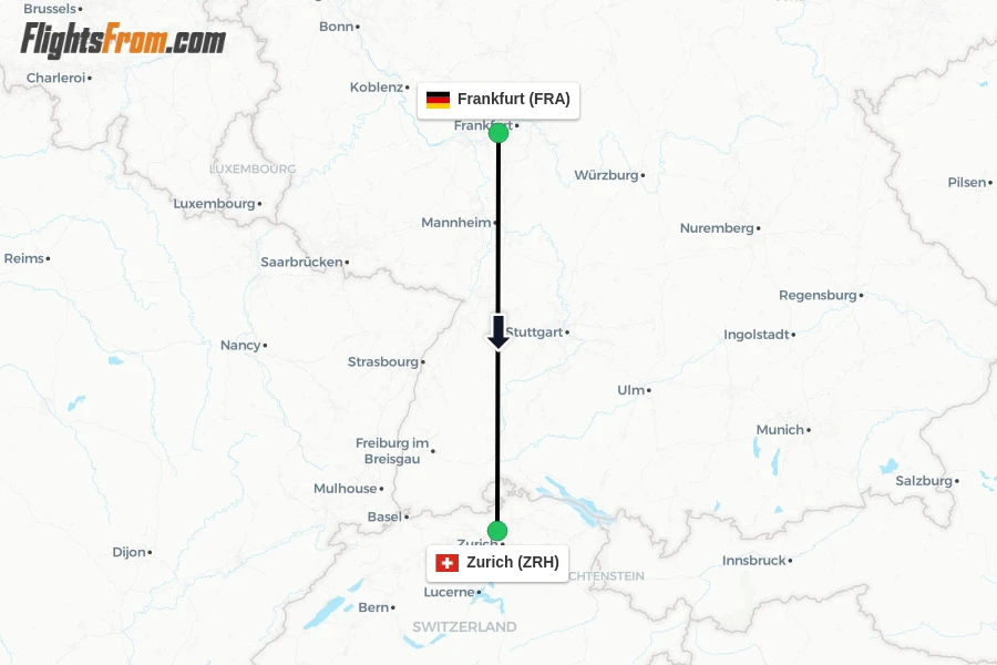 Flights from Frankfurt to Zurich route map