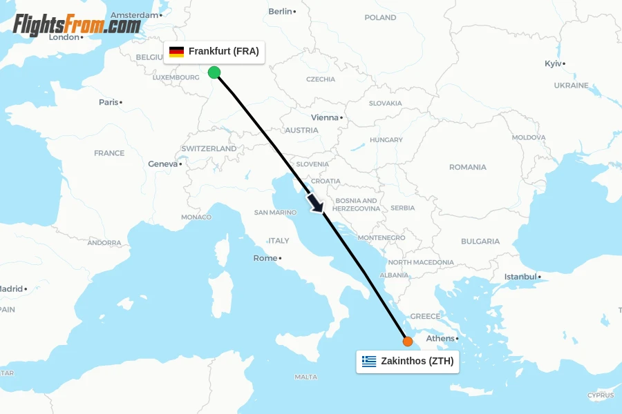 Flights from Frankfurt to Zakinthos route map