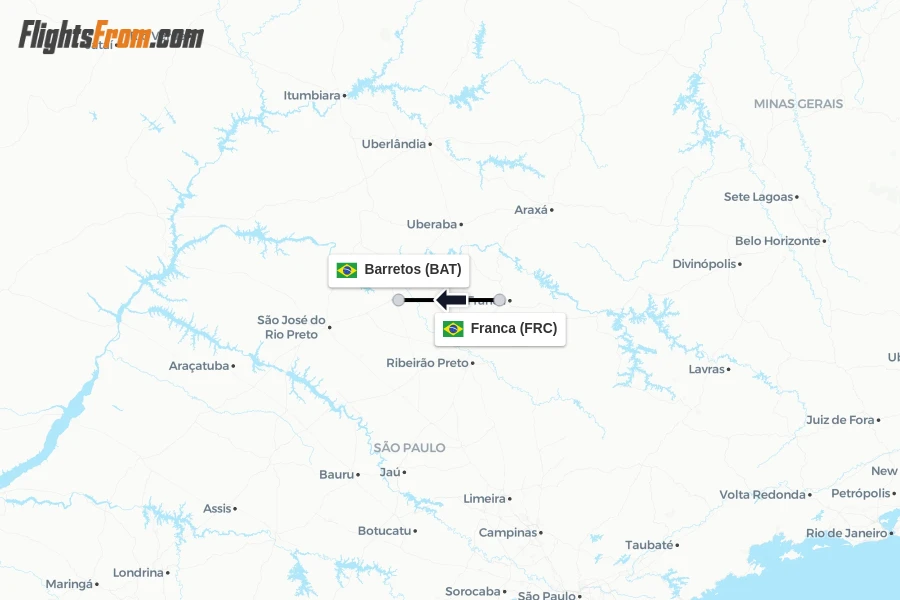 Flights from Franca to Barretos route map