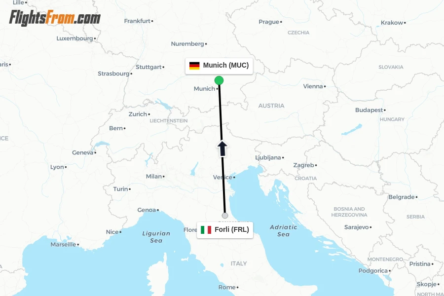 Flights from Forli to Munich route map