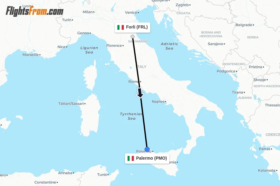 Flights from Forli to Palermo route map