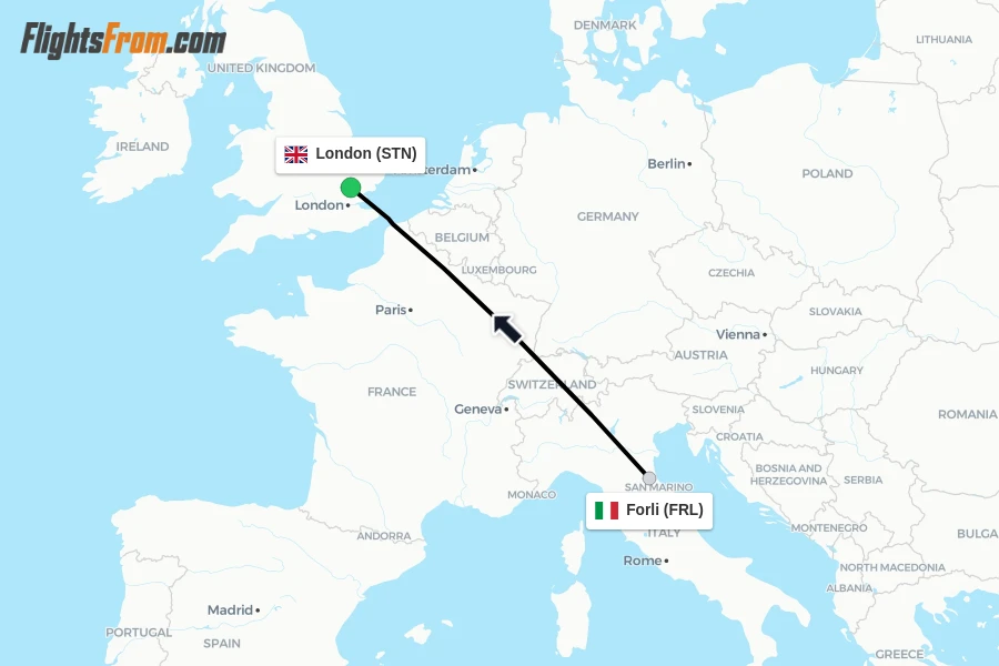 Flights from Forli to London route map