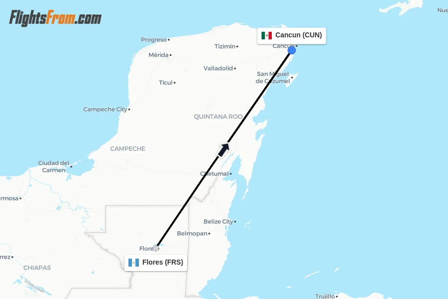 Flights from Flores to Cancun route map