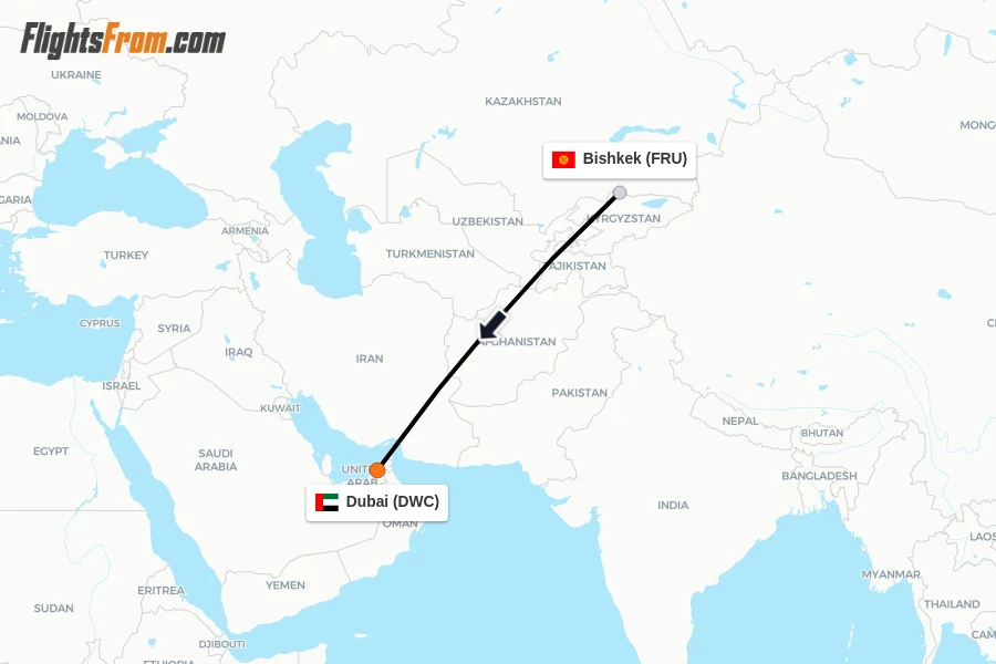 Flights from Bishkek to Dubai route map