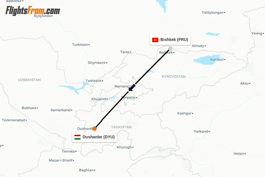 Flights from Bishkek to Dushanbe route map