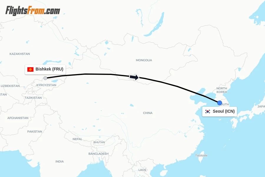 Flights from Bishkek to Seoul route map
