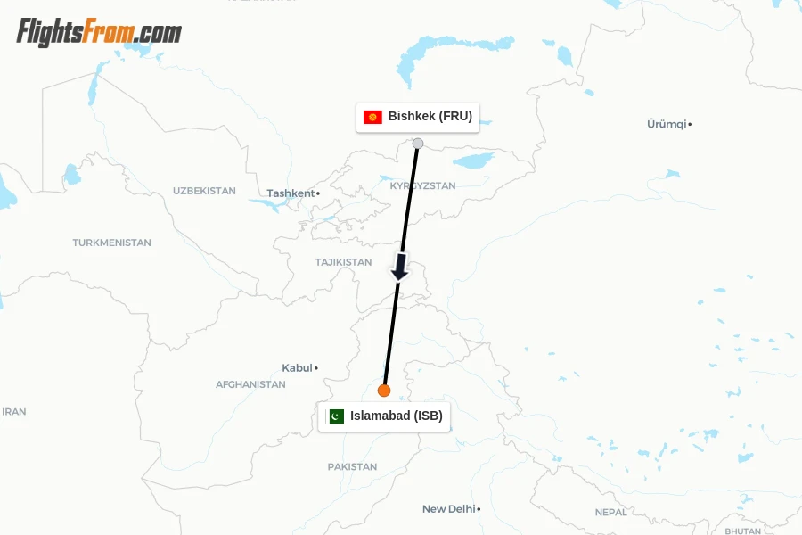 Flights from Bishkek to Islamabad route map