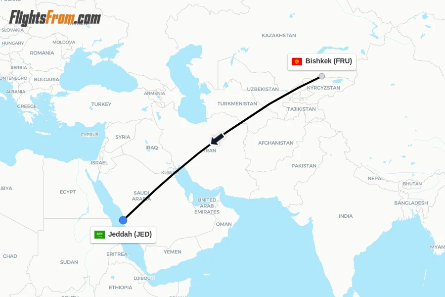 Flights from Bishkek to Jeddah route map