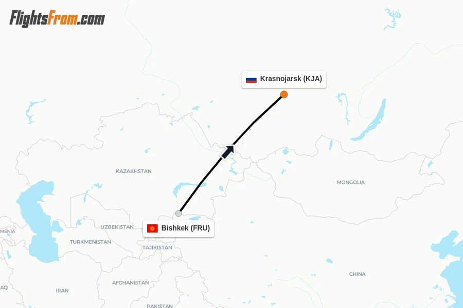 Flights from Bishkek to Krasnojarsk route map