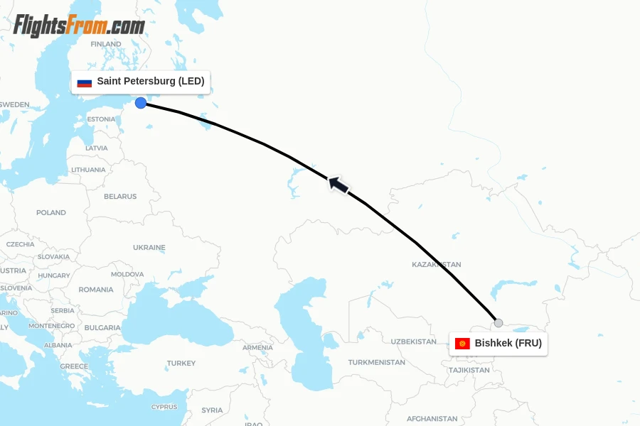Flights from Bishkek to Saint Petersburg route map