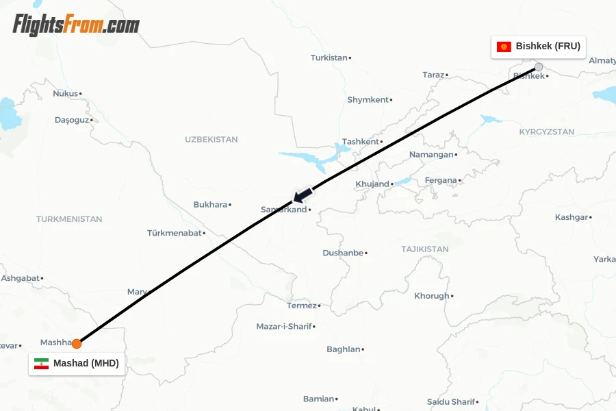Flights from Bishkek to Mashad route map