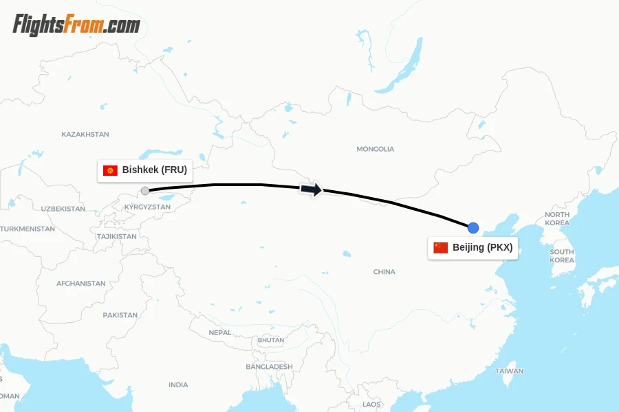 Flights from Bishkek to Beijing route map