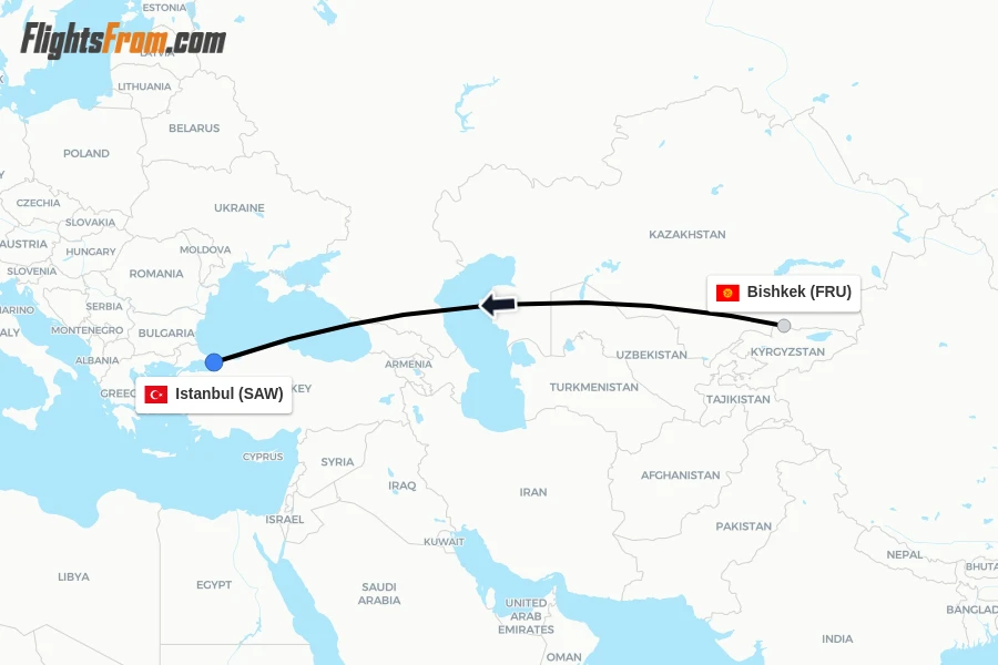 Flights from Bishkek to Istanbul route map
