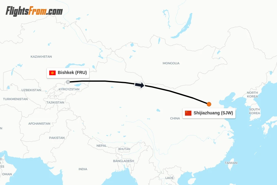 Flights from Bishkek to Shijiazhuang route map