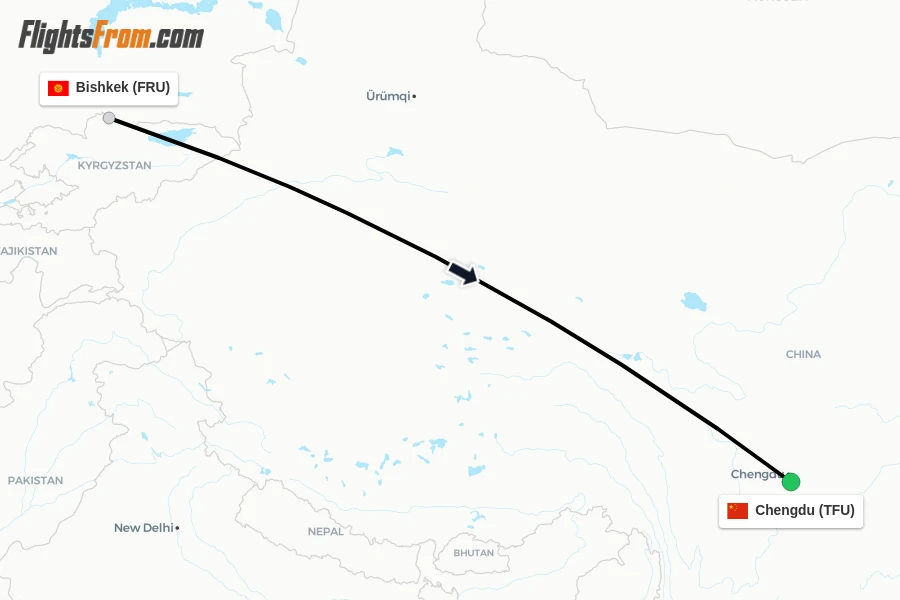 Flights from Bishkek to Chengdu route map