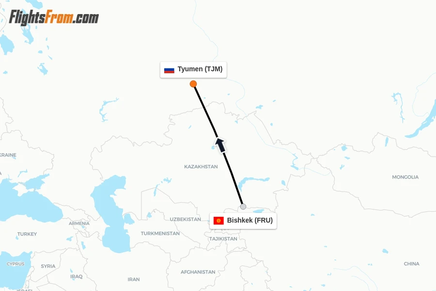 Flights from Bishkek to Tyumen route map