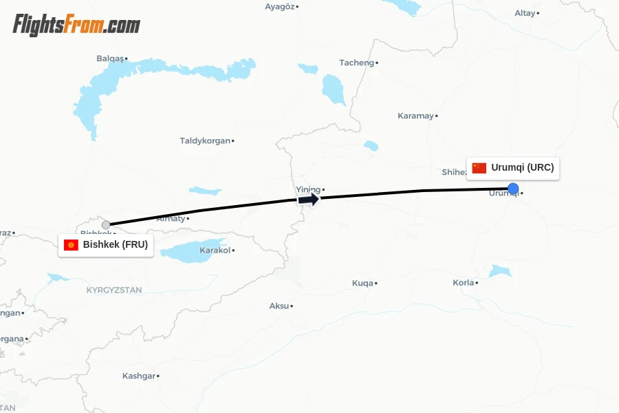 Flights from Bishkek to Urumqi route map