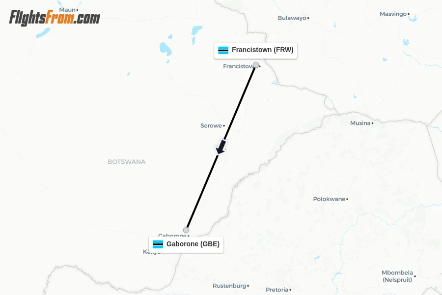 Flights from Francistown to Gaborone route map