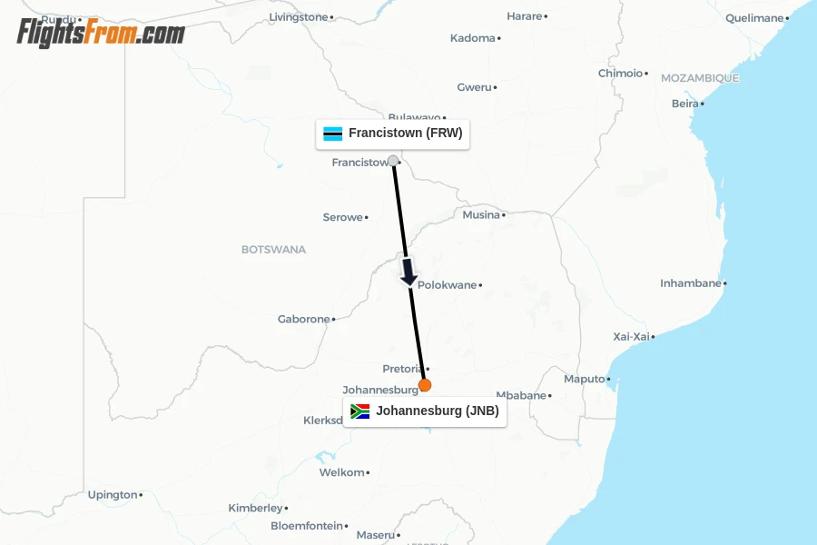 Flights from Francistown to Johannesburg route map