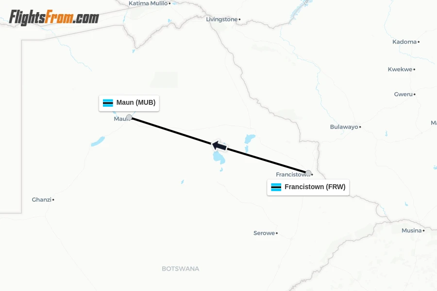 Flights from Francistown to Maun route map