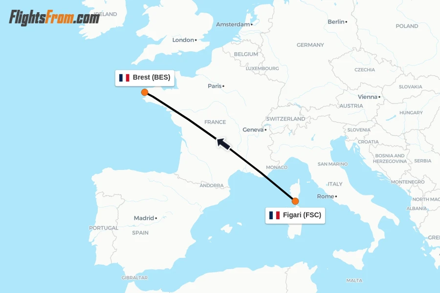Flights from Figari to Brest route map