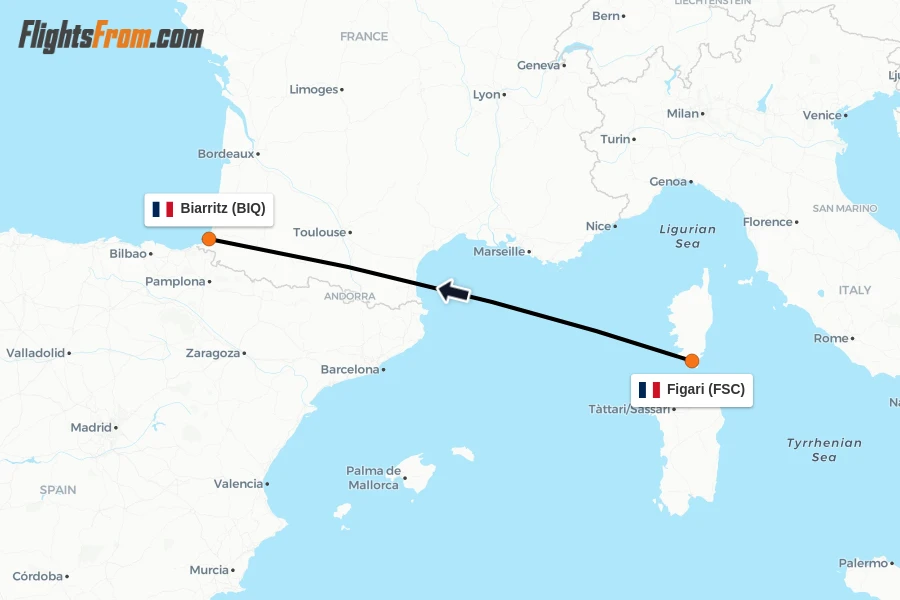 Flights from Figari to Biarritz route map