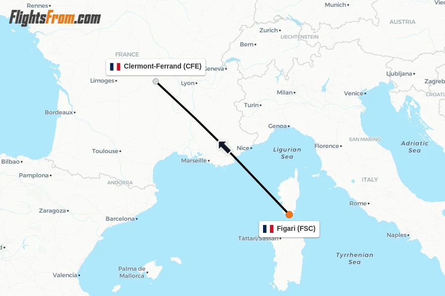 Flights from Figari to Clermont-Ferrand route map