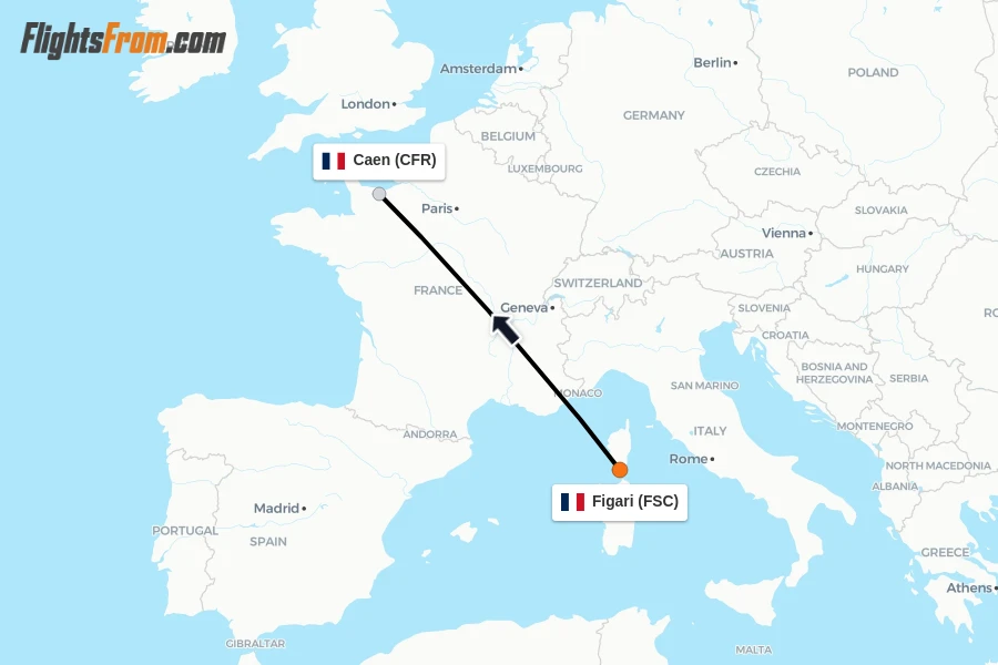Flights from Figari to Caen route map