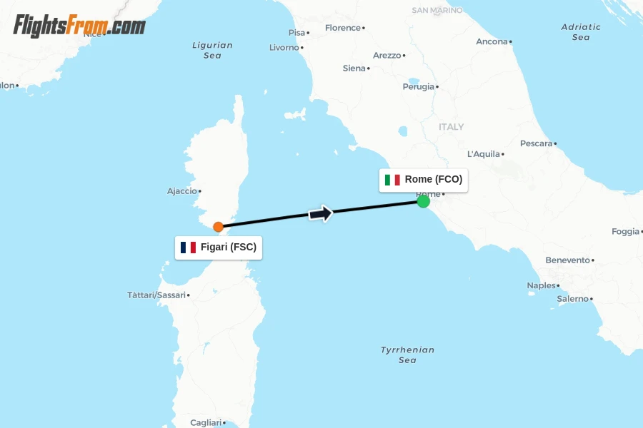 Flights from Figari to Rome route map