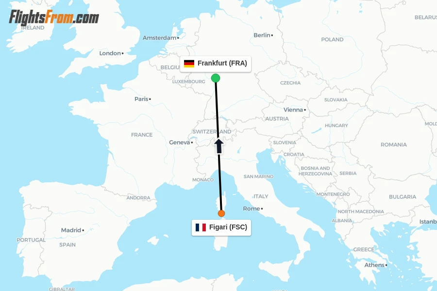 Flights from Figari to Frankfurt route map