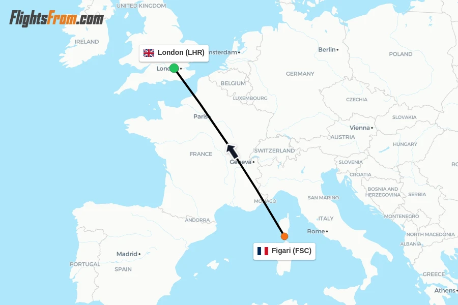 Flights from Figari to London route map