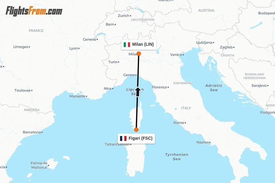 Flights from Figari to Milan route map
