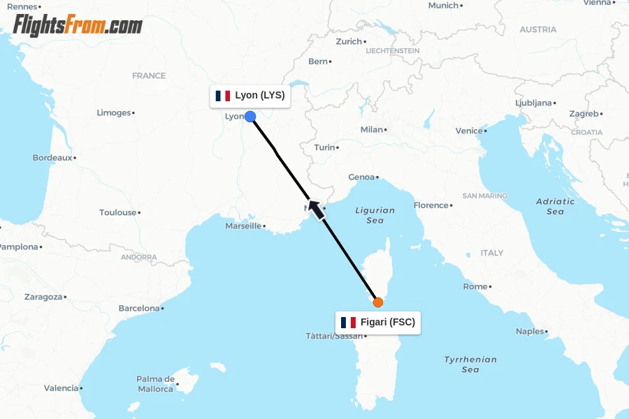 Flights from Figari to Lyon route map