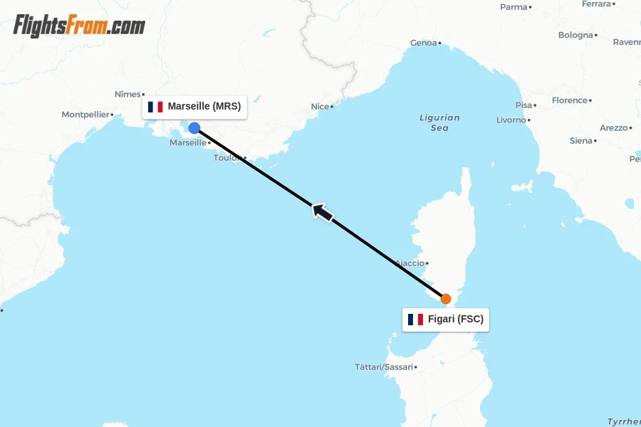 Flights from Figari to Marseille route map