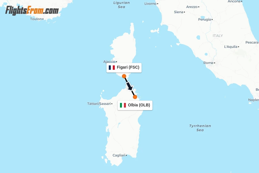 Flights from Figari to Olbia route map