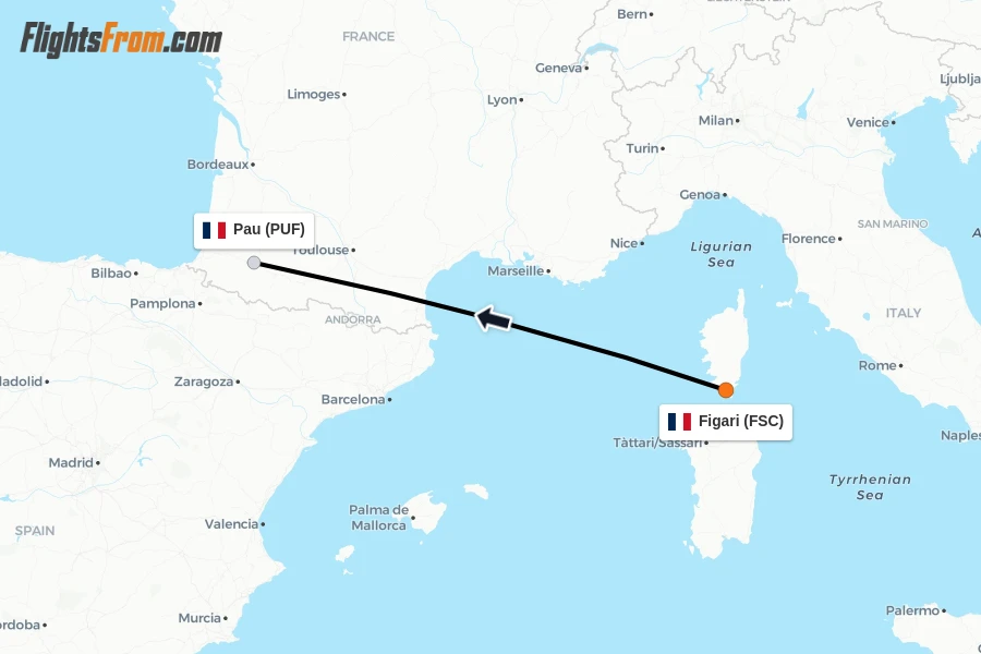Flights from Figari to Pau route map