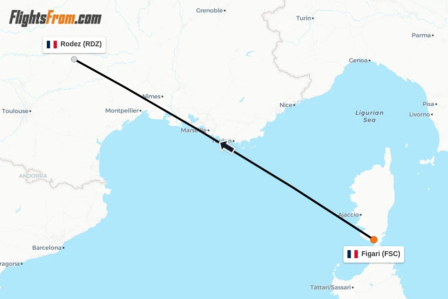 Flights from Figari to Rodez route map