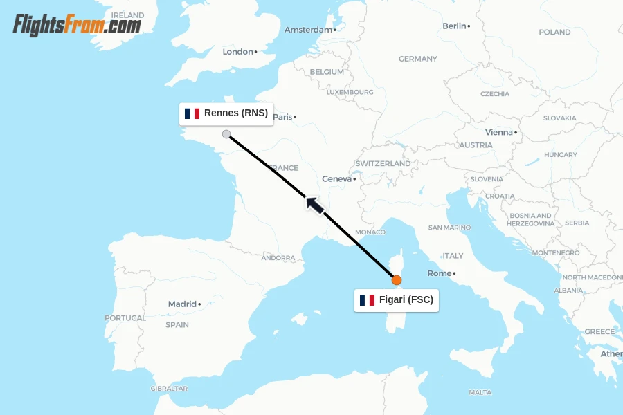 Flights from Figari to Rennes route map