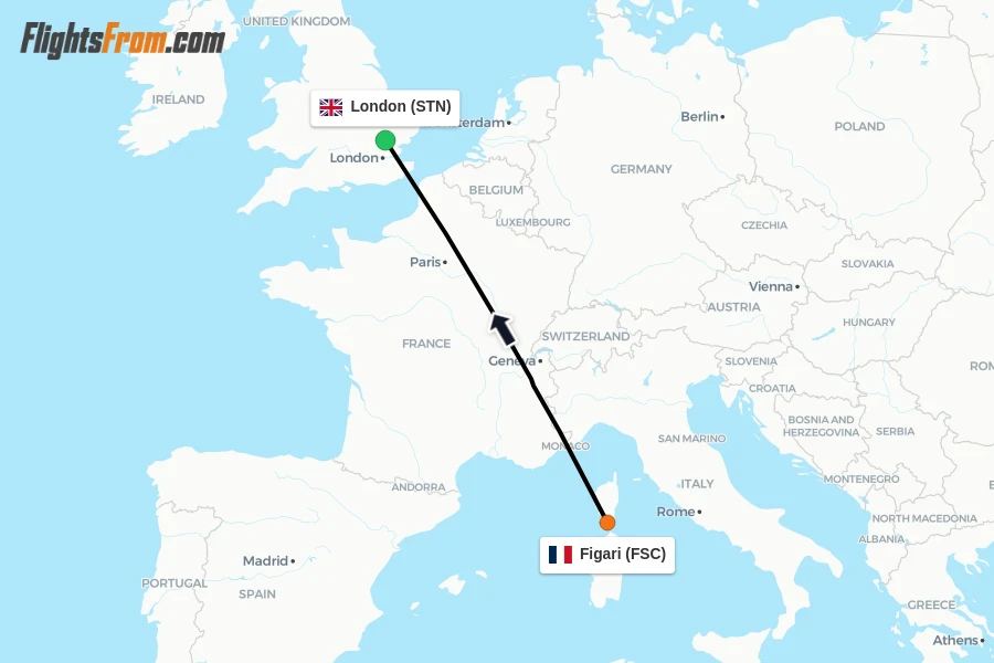 Flights from Figari to London route map