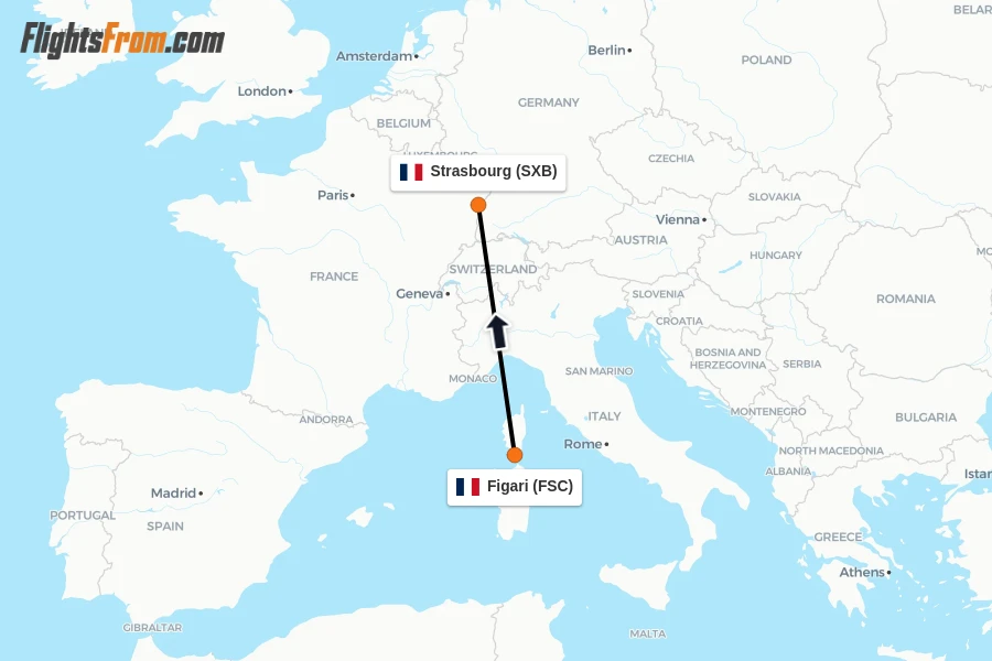 Flights from Figari to Strasbourg route map