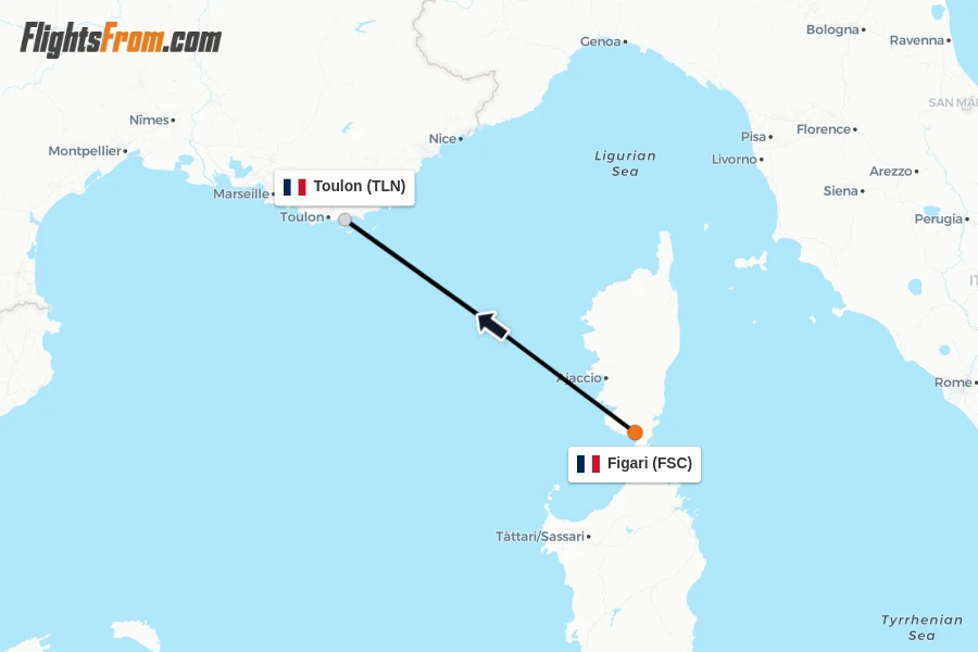 Flights from Figari to Toulon route map
