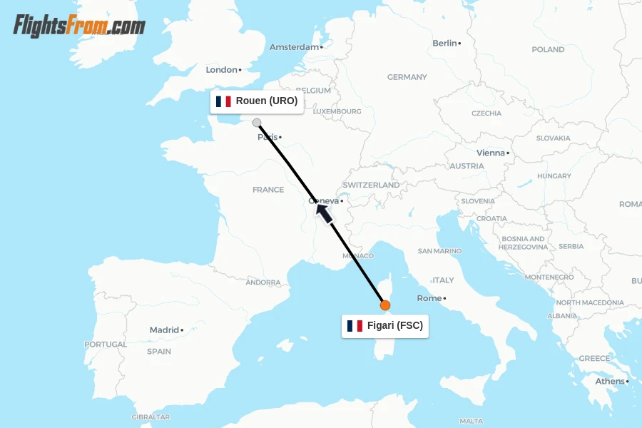 Flights from Figari to Rouen route map