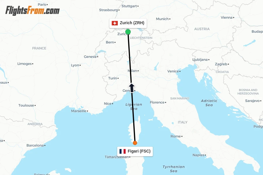 Flights from Figari to Zurich route map