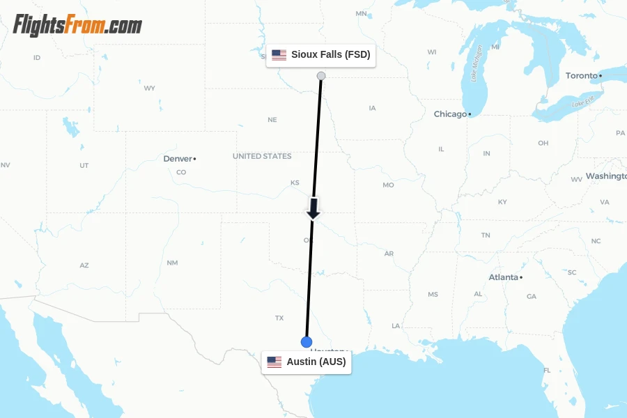 Flights from Sioux Falls to Austin route map